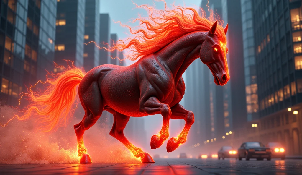 horse running in the city with red light coming from its eyes, digital art by Lisa Nankivil, shutterstock contest winner, fantasy art, digital horse, fire and flames mane, riding on a prancing horse, horse, horse racing concept art, red lightning, sakimi, horse head animal merge, horse warrior, anthropomorphic horse, galloping