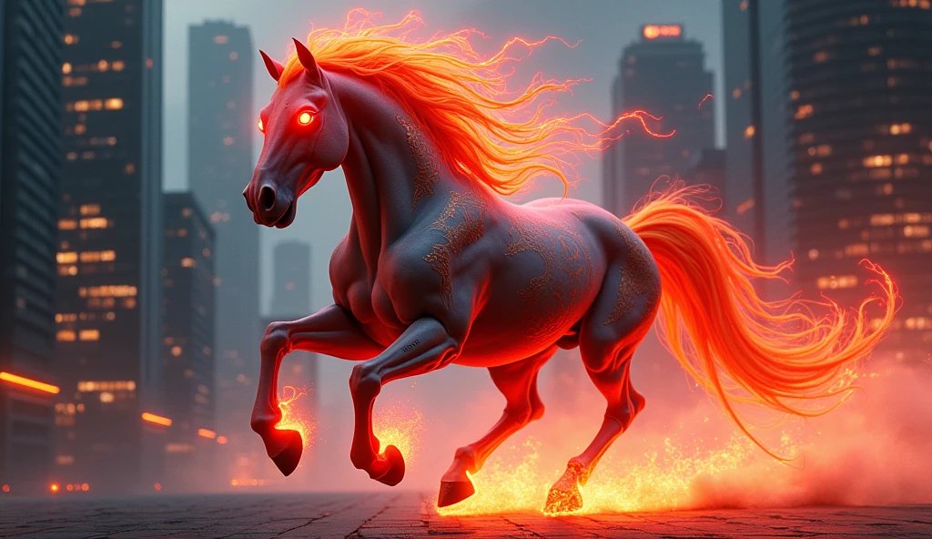 horse running in the city with red light coming from its eyes, digital art by Lisa Nankivil, shutterstock contest winner, fantasy art, digital horse, fire and flames mane, riding on a prancing horse, horse, horse racing concept art, red lightning, sakimi, horse head animal merge, horse warrior, anthropomorphic horse, galloping