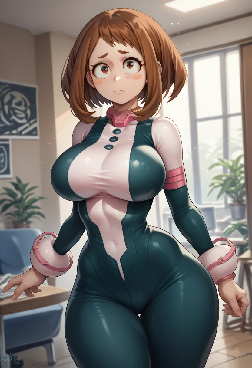 Huge breasts, wide hips, thick thighs,thicc, narrow waist, room, solo , 1girl,ochako uraraka, brown eyes, brown hair, short hair, blush, blush stickers,
bodysuit, skin tight, superhero,