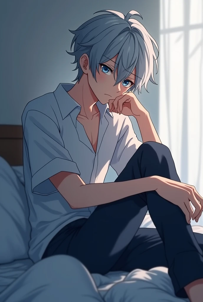 Anime boy with grey hair and blue eyes on a bed posing (angle from below)