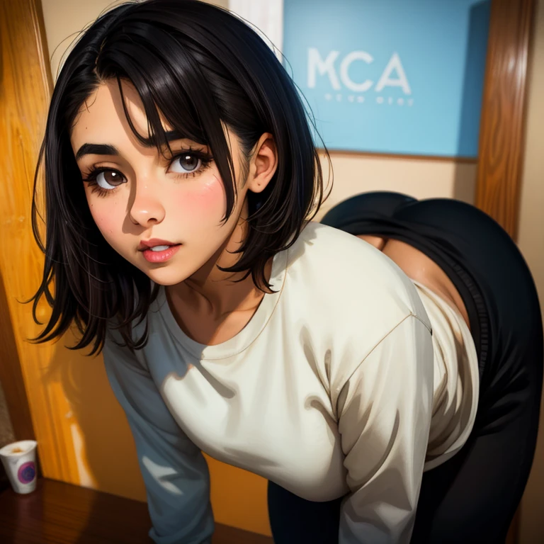 Portrait photo, beautiful detailed, cute face, mexican teen, skinny, short black hair, black hair over one eye, long sleeve plain T-shirt, long sweat pants, thick curvy wide hips, solo, High Resolution, Anatomically Correct,