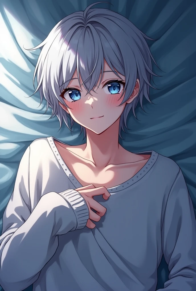 Anime boy with grey hair and blue eyes on a bed posing (angle from below)