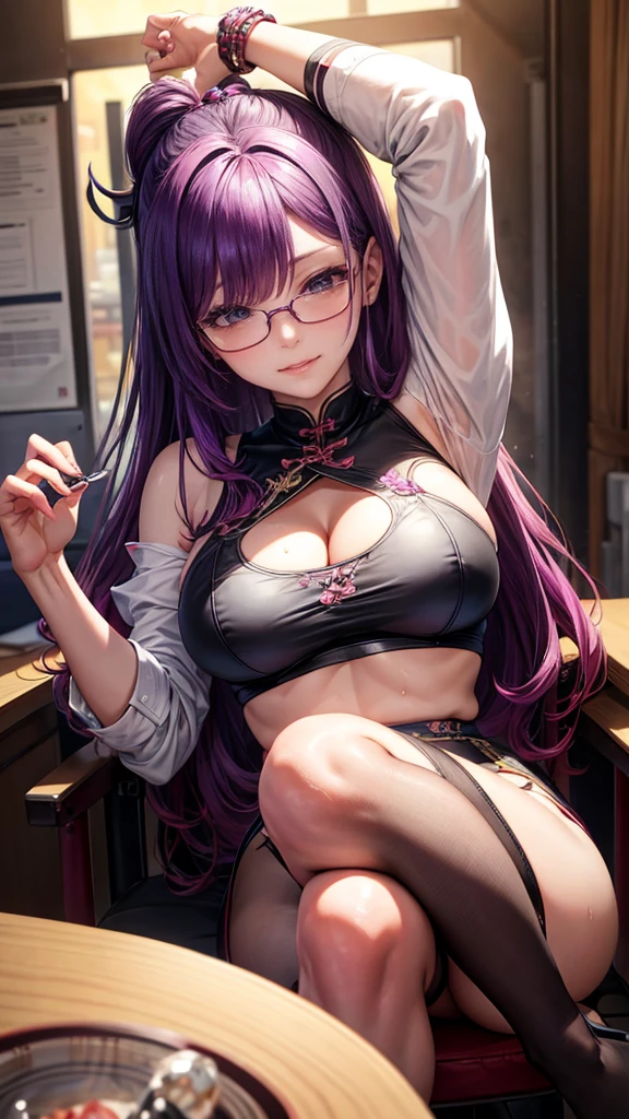 Chinese idol　Purple hair with bangs　Rimless glasses　red lips　Chaiborg　mature woman　Problematic expression　blushing　cute　chubby　chubbyอ้วน　　big breasts　night classroom　Sit at the table with your legs crossed.　ball gag　realistic　Wet armpits