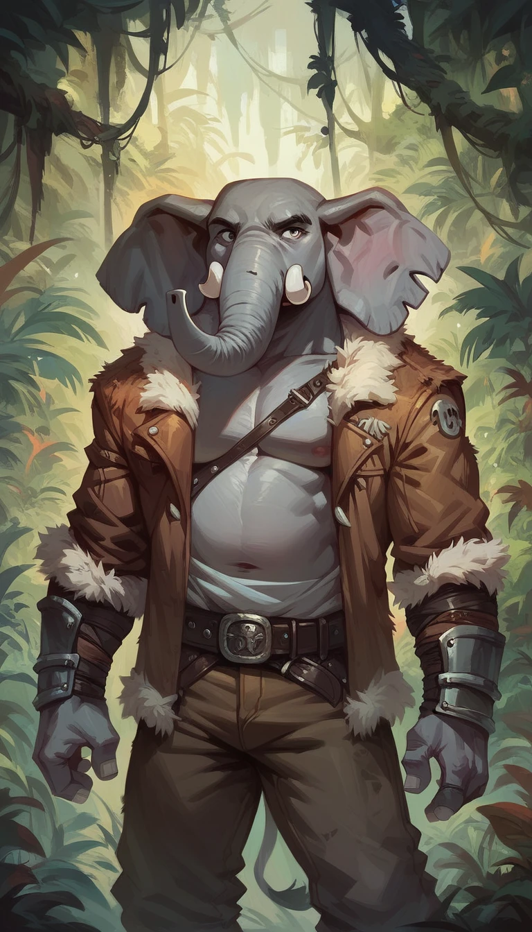 score_9, score_8_up, score_7_up, score_6_up, anthro, humanoid elephant, barbarian, gauntlets, pauldrons, belt, pants, shirt, fur-trimmed jacket, jungle