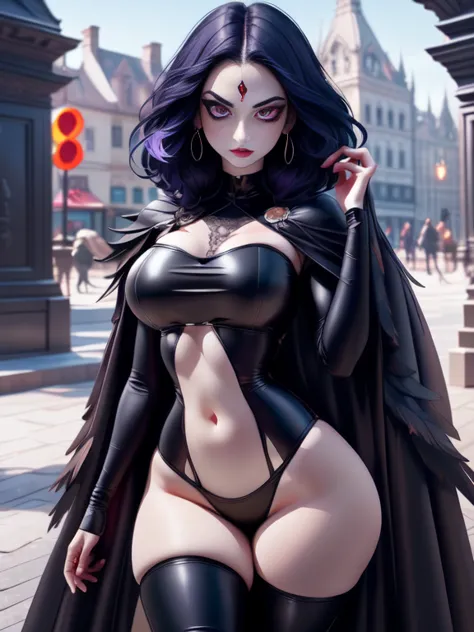 1girl as raven goth woman, detailed eyes, detailed face,  pale skin,mature body, tall body,seductive body, big breast, medium th...