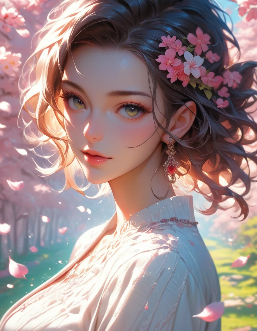 A remarkably beautiful young woman, illustrated by Hidenori Matsubara, surrounded by a vibrant fantasy landscape, with cherry blossom petals falling around her, illuminated by a warm and inviting sunset, featuring detailed and stylized character designs, smooth shading and textures, and a subtle glow.
