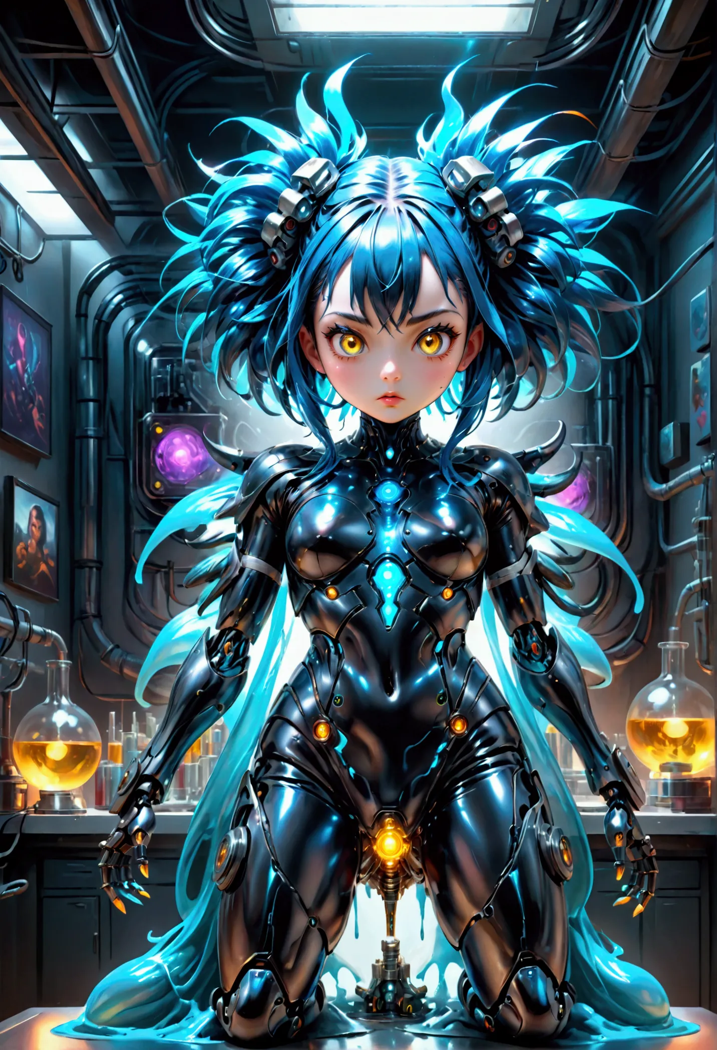 a liquid steel slime monster girl scientist, hyper realistic, 8k, photorealistic, extremely detailed, highly detailed, intricate...