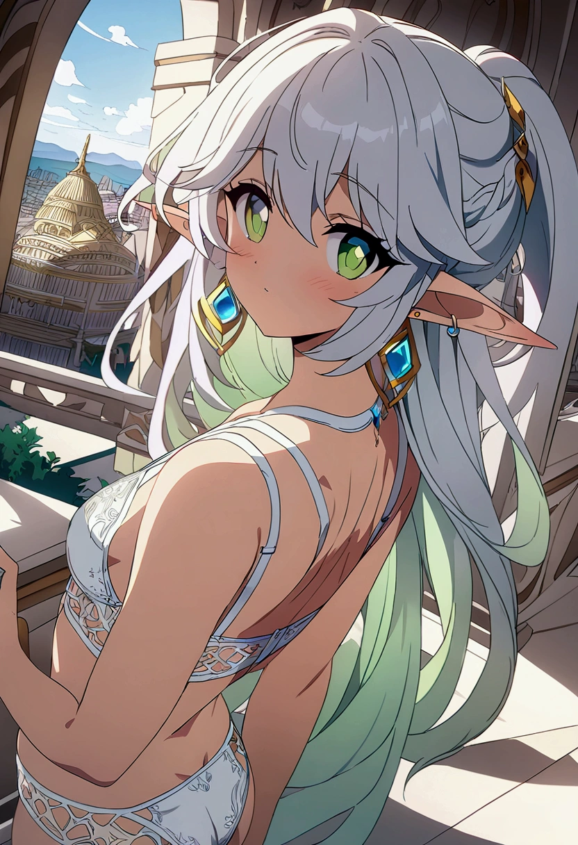 Masterpiece, High quality, High quality of art, best quality, best details, anime artstyle, 2d lineart, ultra detailed, HD, anime, Femboy, elf, Silver hair, half-naked, white bra, small penis in white panties, green eyes with a pattern inside, earrings with a blue stone, In a white building overlooking the elven city, marble architecture with golden patterns