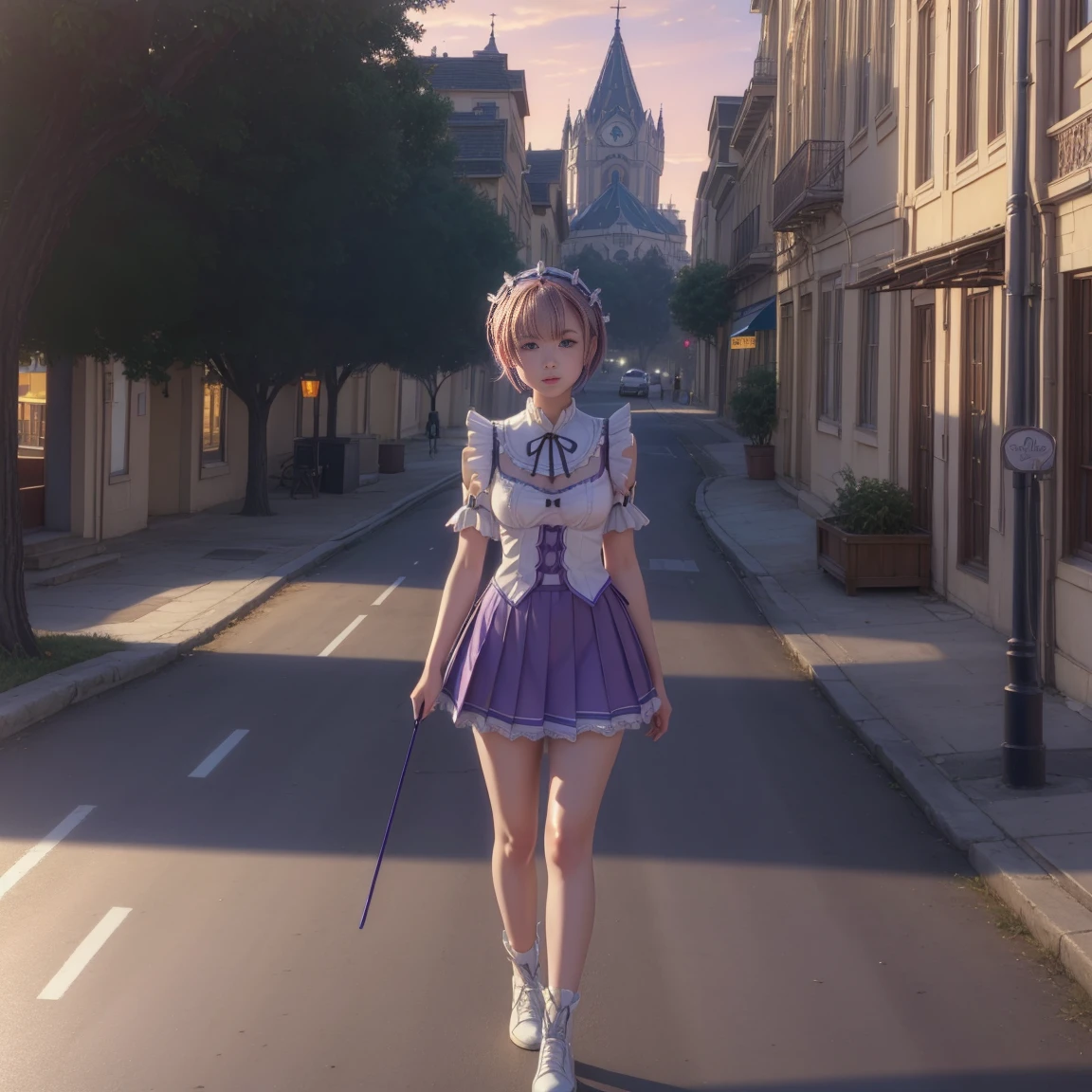 mesa, Best Quality, (showy), (Delicate eyes and face.), volumetric lights, ray tracing, the extremely detailed CG Unity 8K wallpapers, (2 girls:1.3), (Remlin:0.7), (Ramchi:0.8), hair over one eye, maid, purple ribbon, maid headdress, roswaal mansion maid uniform, separate sleeves, white thigh, Session, banks, garden, blue sky, ((((micro skirt, very short skirt, marked legs)))) ((((full body walking through the city))))