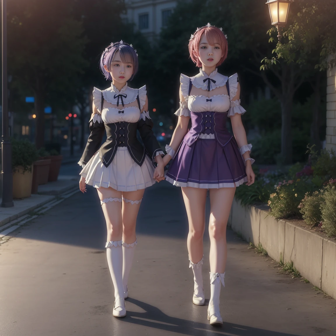 mesa, Best Quality, (showy), (Delicate eyes and face.), volumetric lights, ray tracing, the extremely detailed CG Unity 8K wallpapers, (2 girls:1.3), (Remlin:0.7), (Ramchi:0.8), hair over one eye, maid, purple ribbon, maid headdress, roswaal mansion maid uniform, separate sleeves, white thigh, Session, banks, garden, blue sky, ((((micro skirt, very short skirt, marked legs)))) ((((full body walking through the city))))