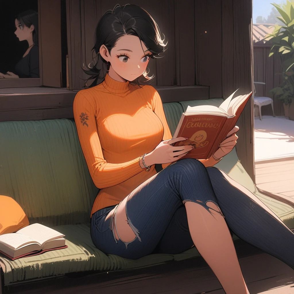 1womanl, Brunetette, latina, long straight black hair, forearm and thigh tattoo, slim, gorgeous face, sitting not sofa, reading a book, porch of home, Beautiful legs, provocative look, orange sweater, short ripped jeans