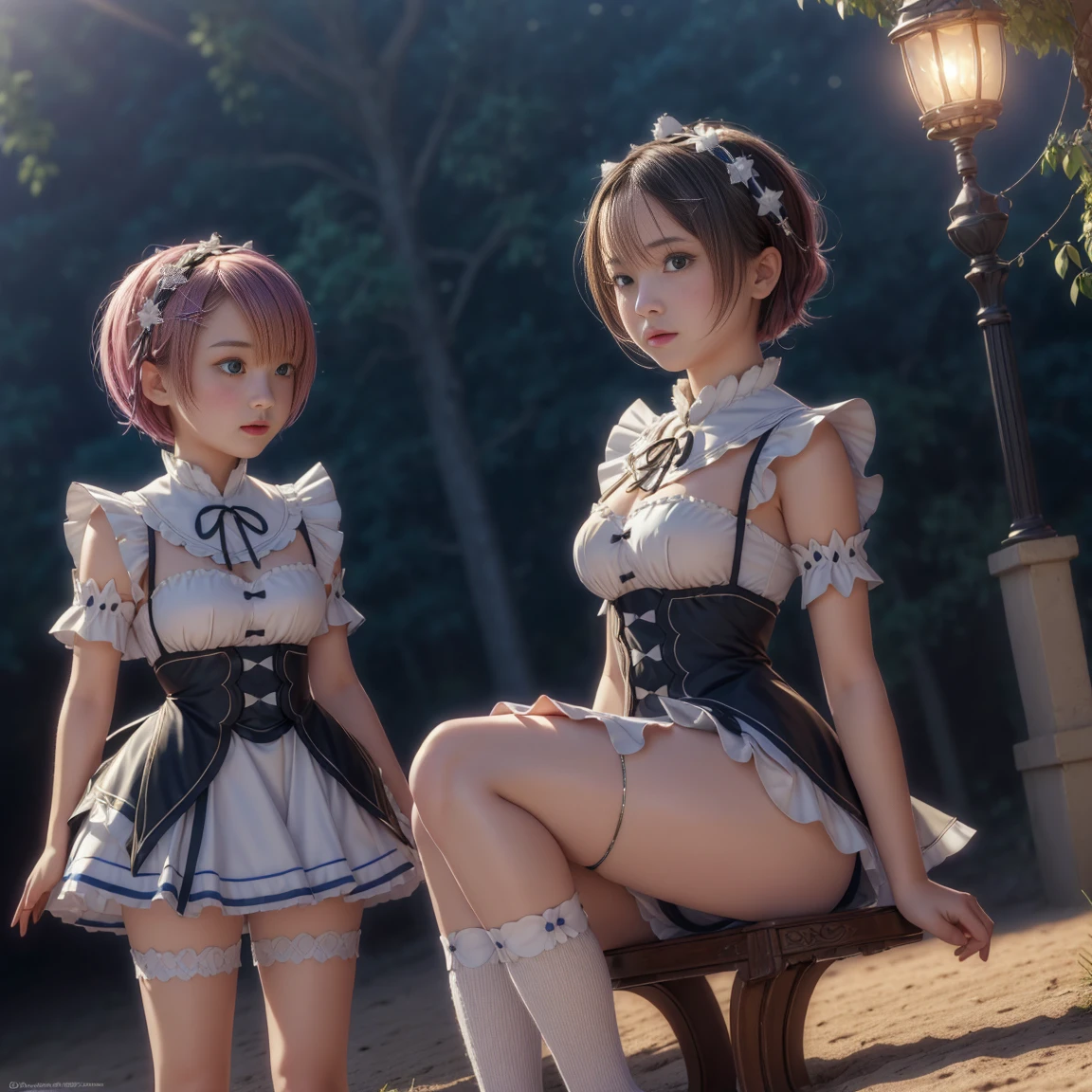 mesa, Best Quality, (showy), (Delicate eyes and face.), volumetric lights, ray tracing, the extremely detailed CG Unity 8K wallpapers, (2 girls:1.3), (Remlin:0.7), (Ramchi:0.8), hair over one eye, maid, purple ribbon, maid headdress, roswaal mansion maid uniform, separate sleeves, white thigh, Session, banks, garden, blue sky, ((((micro skirt, very short skirt, marked legs))))