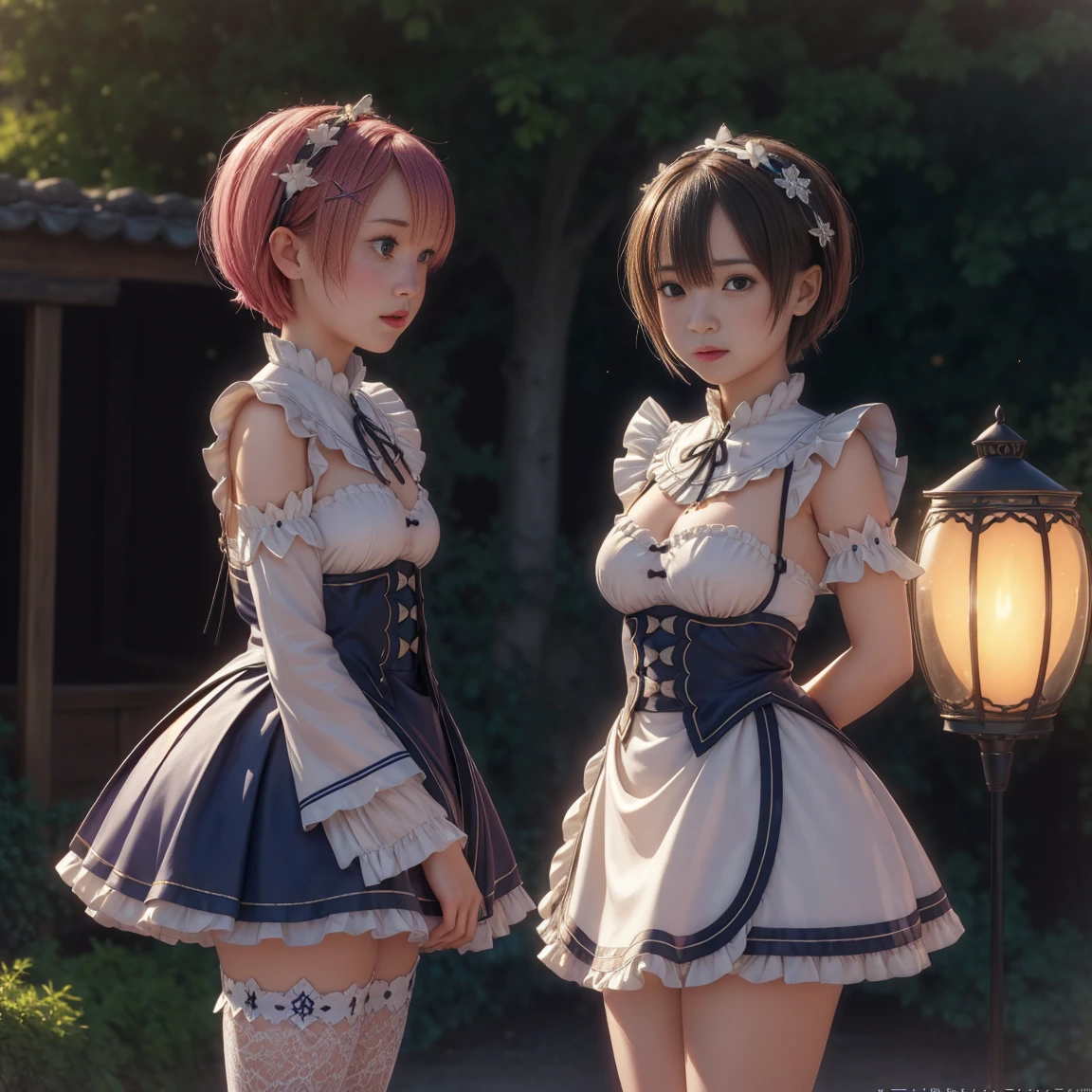 mesa, Best Quality, (showy), (Delicate eyes and face.), volumetric lights, ray tracing, the extremely detailed CG Unity 8K wallpapers, (2 girls:1.3), (Remlin:0.7), (Ramchi:0.8), hair over one eye, maid, purple ribbon, maid headdress, roswaal mansion maid uniform, separate sleeves, white thigh, Session, banks, garden, blue sky, ((((micro skirt, very short skirt, marked legs))))