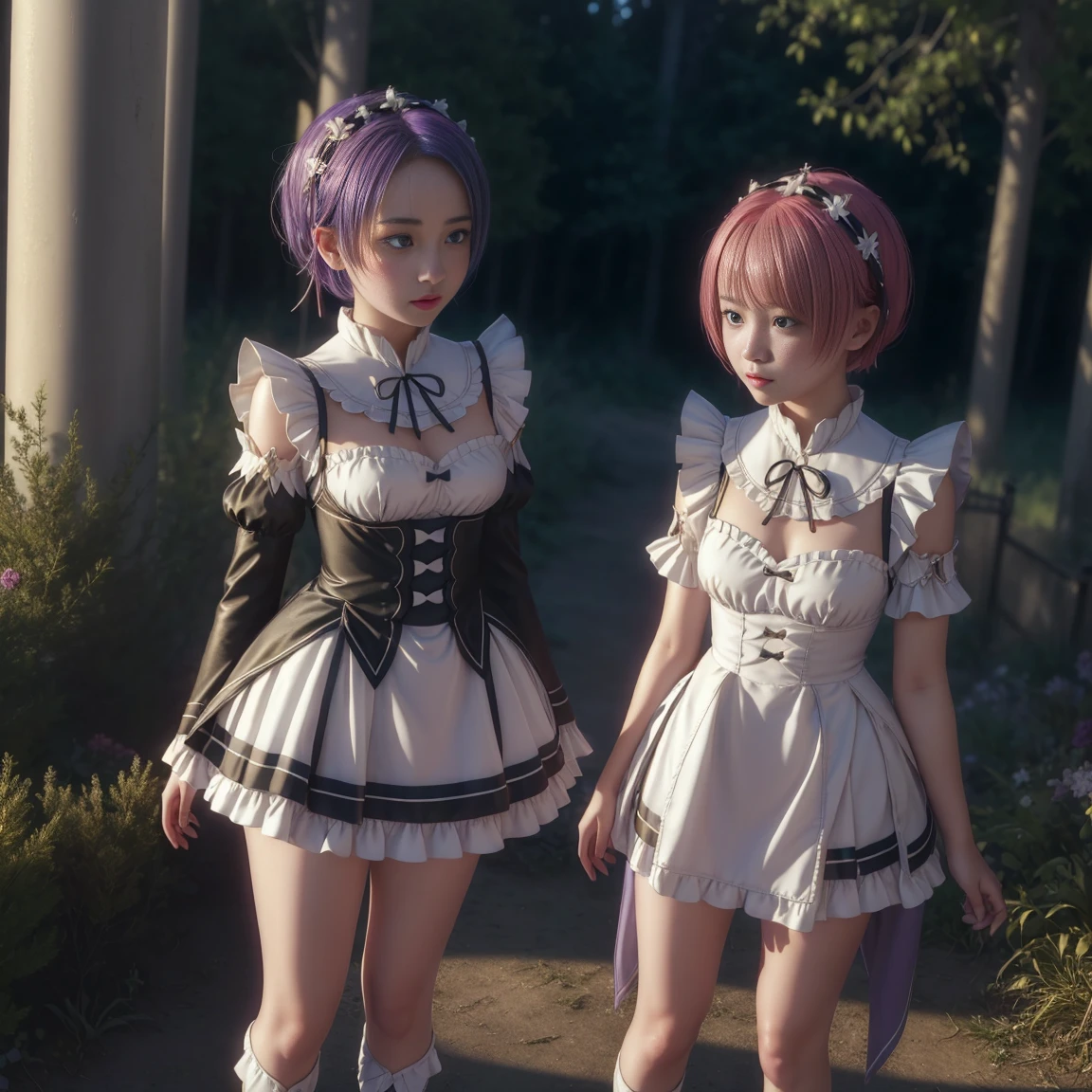 mesa, Best Quality, (showy), (Delicate eyes and face.), volumetric lights, ray tracing, the extremely detailed CG Unity 8K wallpapers, (2 girls:1.3), (Remlin:0.7), (Ramchi:0.8), hair over one eye, maid, purple ribbon, maid headdress, roswaal mansion maid uniform, separate sleeves, white thigh, Session, banks, garden, blue sky, ((((micro skirt, very short skirt, marked legs))))