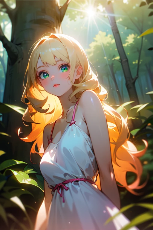 (masterpiece, best quality:1.2), (super details), anime, lens flare, glowing light, woman, pink sundress, smiley, standing in the woods, (photography), modeling shoot, beautiful girl, (beautiful face), slender blonde girl, long hair fashion photography portrait, pale skin curly blond hair, light flare, vibrant color, soft focus