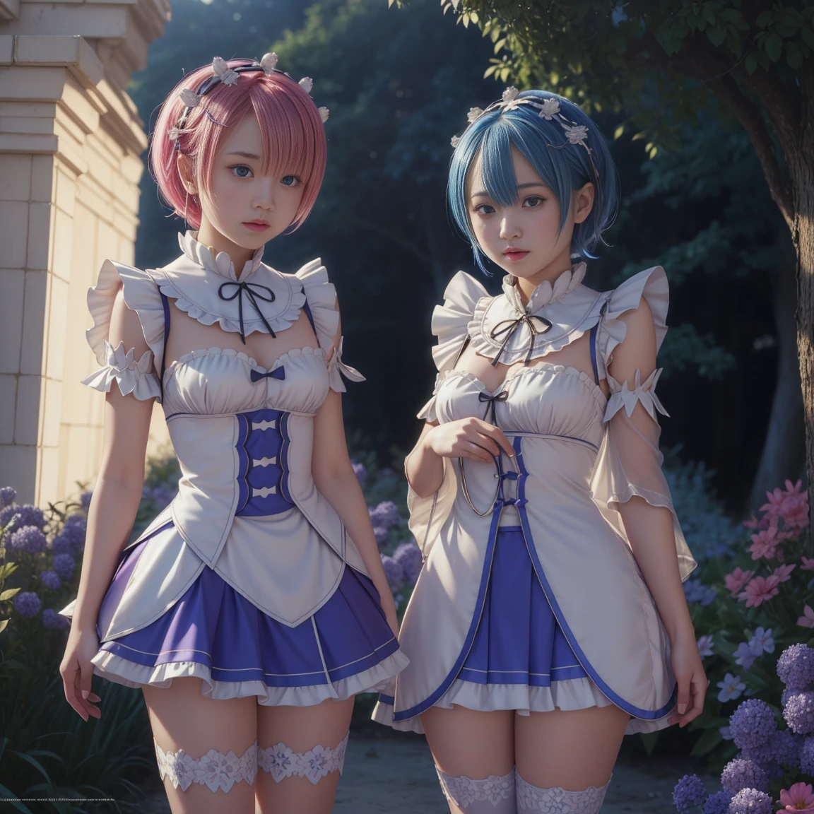 mesa, Best Quality, (showy), (Delicate eyes and face.), (For the blue, pink fur.)volumetric lights, ray tracing, the extremely detailed CG Unity 8K wallpapers, (2 girls:1.3), (Remlin:0.7), (Ramchi:0.8), hair over one eye, maid, purple ribbon, maid headdress, roswaal mansion maid uniform, separate sleeves, white thigh, Session, banks, garden, blue sky, ((((micro skirt, very short skirt, marked legs))))