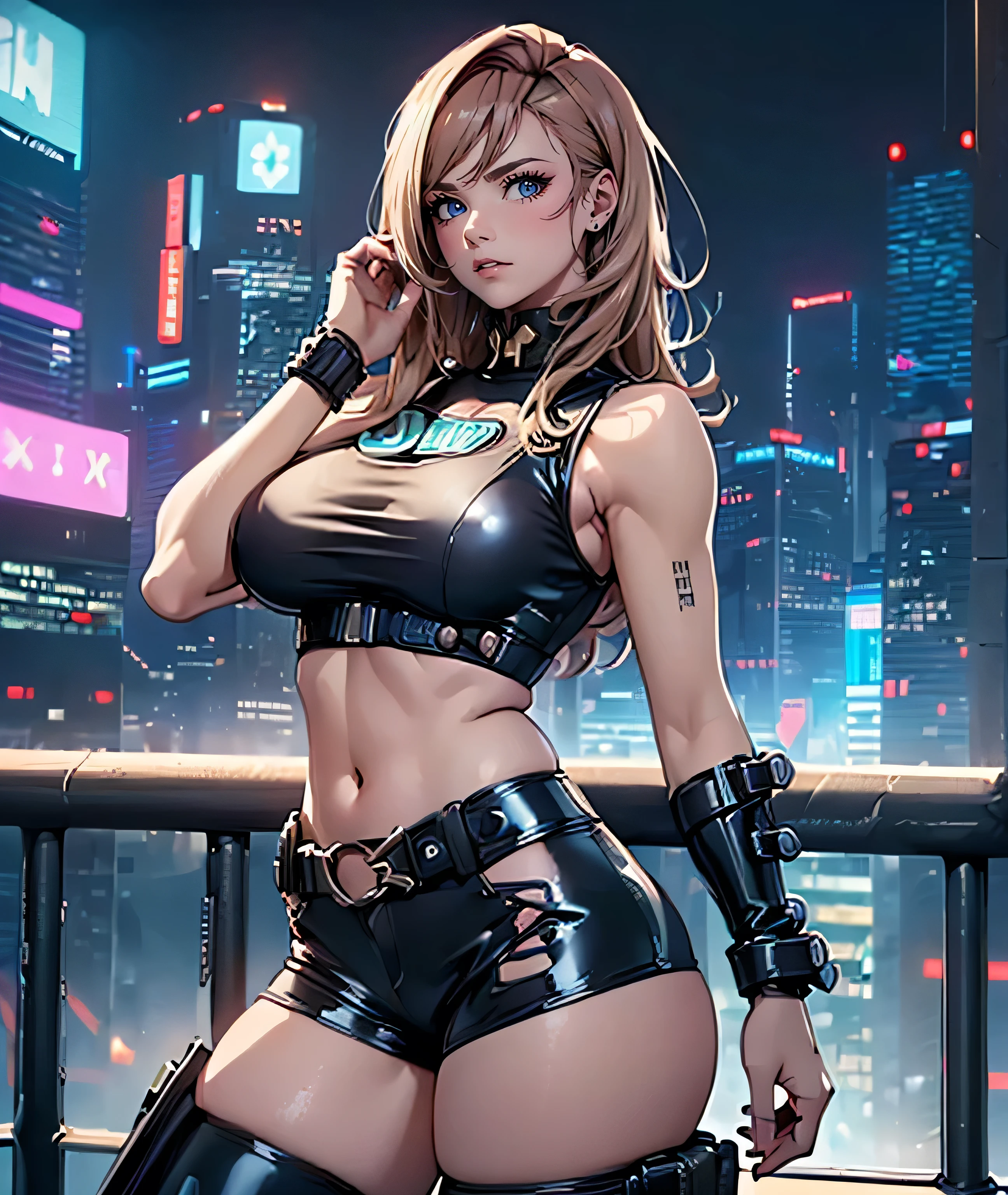 ((1 girl:1.3, solo))、absurdres, ultra-detailliert, digitial illustration, Meticulously drawn hair, Meticulously drawn eye, double E cup breast, Glossy realistic skin texture、Smooth texture、shiny skin、Sexy body, ((cyberpunk))、((jojo posing:1.4))、((arched back))、glaring look、((Being in midnight city:1.2))、((sleeveless:1.2))、((ripped:1.2,  hot pants:1.4, highleg:1.3))、((latex))、((crop top navel:1.2))、((wedgie:1.2))、((huge hip:1.3))、Sharp Focus, full body