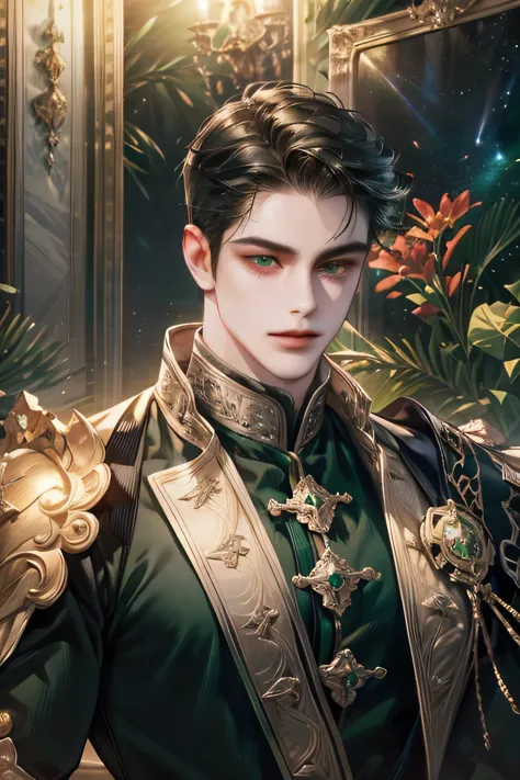 a charming full body man, emperor, gentle, wearing a black green armor, green eyes, short black hair, standing in hallway, galax...