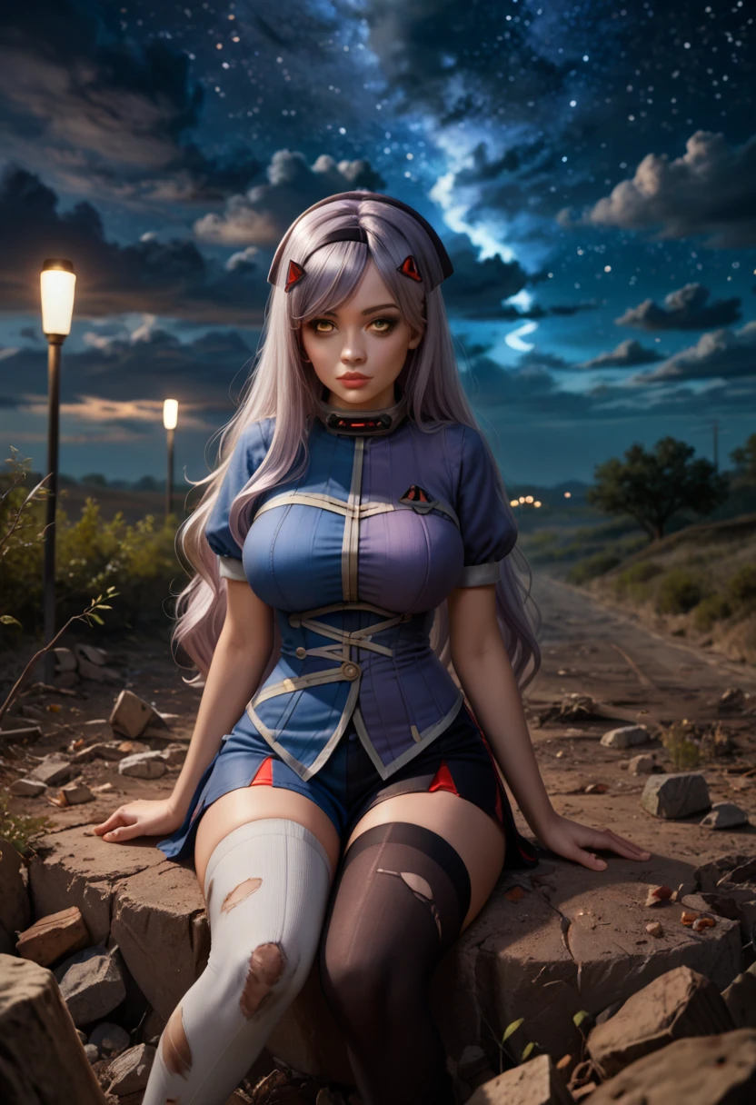 1girl, solo, large breasts,long eyelashes,thick_lips, (beautiful face, detailed face, ,
,face perfect), (yellow eyes, asymmetrical legwear, asymmetrical clothes, Black_lilith), outside,s, night,midnight,sky,cloud,starry sky,star (sky),battlefield, wasteland, destroyed, collapsed, rocks,fall season, welk,leaves,windy,wavy_hair,,light particles,