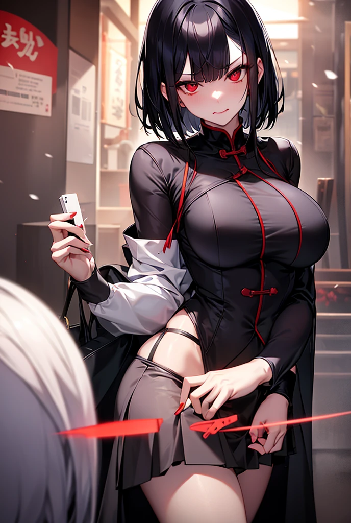 独奏, 1 , vampires, anatomically correcte, best qualityer, shorth hair,Bblack hair, bangss, hair covering, Red eye, ashamed, shy big breasts,  wide hip, winter clothing, Black Skirt, winter coat. cloused mouth, embarrased.