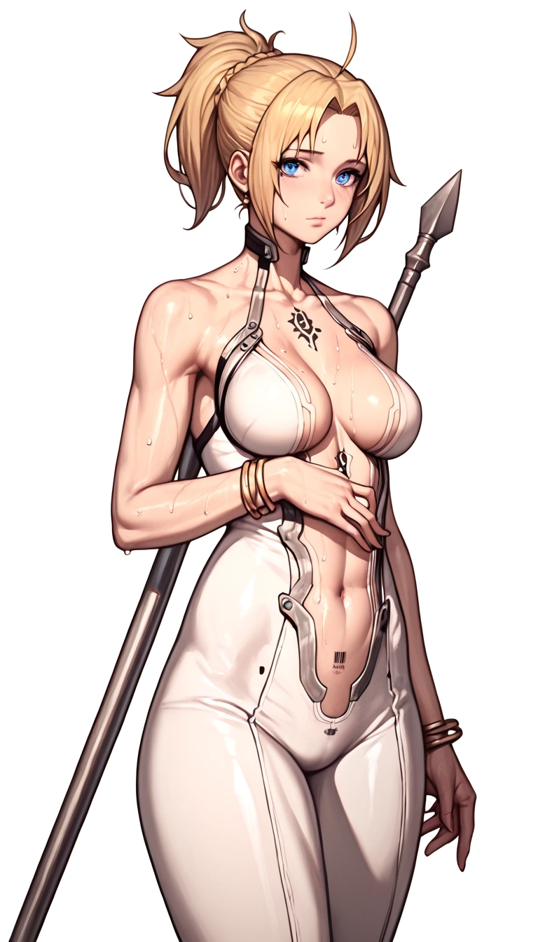 (asura style:0.7), score_9, score_8_up, score_7_up, score_6_up, uncensored, zenith greyrat, short hair, blonde hair, blue eyes, ponytail, ahoge, BREAK detailed eyes, beautiful eyes, perfect eyes, assertive female, (perfect hands, perfect anatomy), detailed skin texture, (blush:0.5), (goosebumps:0.5), excessive sweating, sweating profusely, sweating drop BREAK, ruanyi0469, Nude color bodysuit, shiny clothes, skin tight, tattoo, barcode, nude, metal spine, BREAK, 1girl, solo, large_breasts, armpits, looking_at_viewer, wide_hips,  bracelet, grey background, collarbone, thighs, bangle, holding spear, 