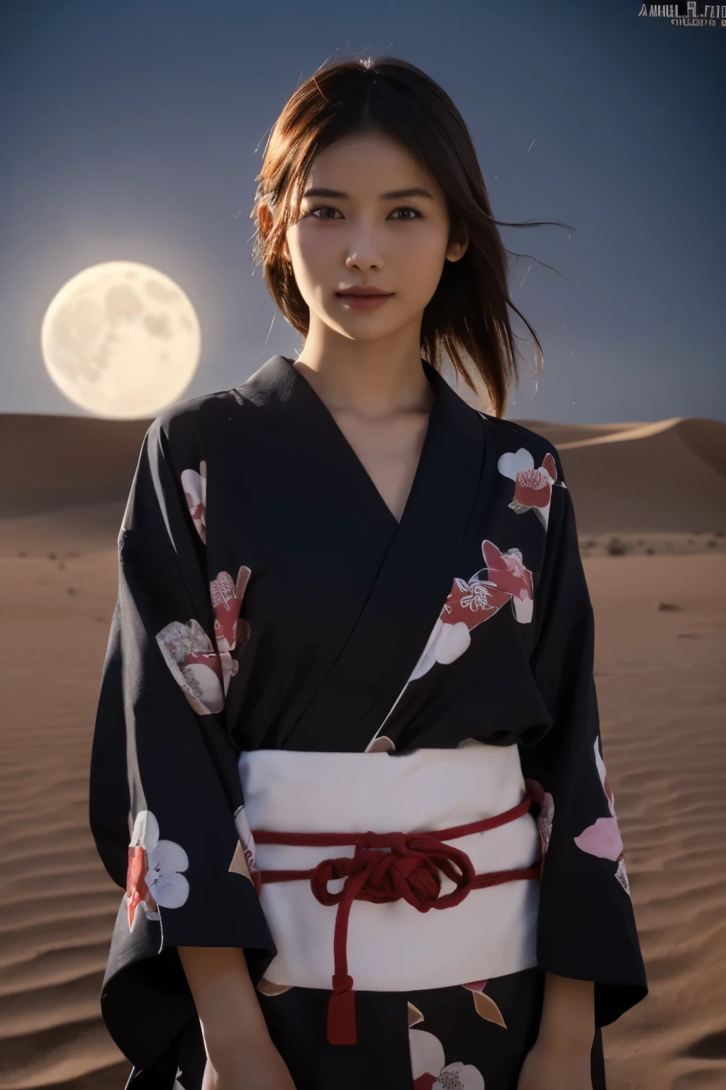 1 girl, (She is wearing a cute red yukata:1.2), Very beautiful Japanese idol portraits, 
(RAW Photos, Highest quality), (Realistic, Realistic:1.4), (masterpiece), 
Very delicate and beautiful, Very detailed, 2k wallpaper, wonderful, finely, Very detailed CG Unity 8K wallpaper, Very detailed, High resolution, Soft Light, 
Beautiful detailed girl, Very detailed目と顔, Beautiful and sophisticated nose, Beautiful and beautiful eyes, Cinema Lighting, 
(Standing in the Sahara Desert on a moonlit night:1.3), (Big Moon), (Sand Dunes), (月明かりに浮かぶ少女のwhole bodyのシルエット), (Dark screen:1.5), 
(Medium Hair), (Tie your hair back), (whole body), 
Complete Anatomy, Slender body, Small breasts