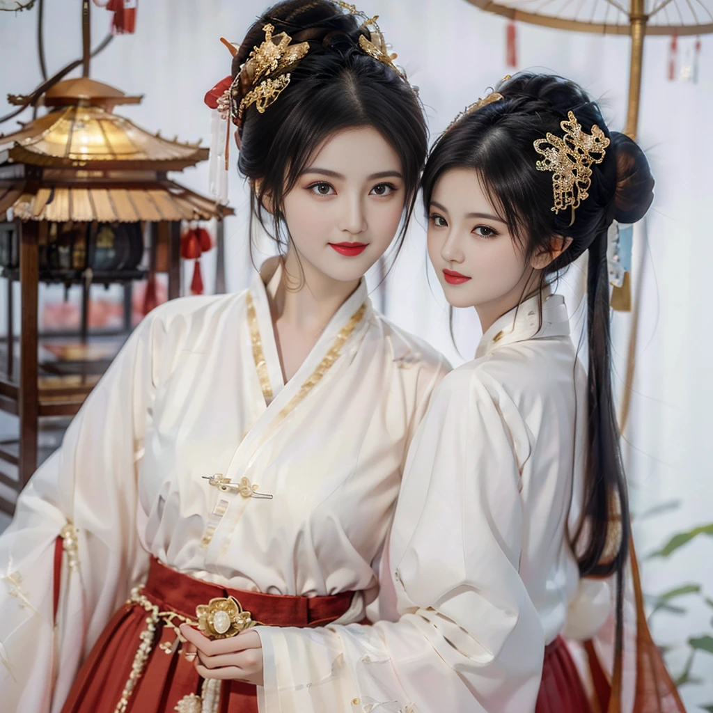 best quality,masterpiece,high resolution,(Delicate figure:1.5),Beautiful face,(Milky white skin:1.3),Intricate details,high resolution,wallpaper,((2 Girls)),The smiles of both of them,Different colored skirts,Hair accessories,(((gold and red skirt))),Flowers,Long hair,Brown hair,Shut up,Jewelry,Long sleeve,Wide sleeves,big eyes,Flowing hair,Chinese clothes,Hanfu,embroidery,Long skirt,Natural posture,Falling Flowers,indoor,Fanning,lantern,16K,HDR,high resolution,Depth field,(Real Lighting:1.1),This book,Prime Time,(lens flare),Vignette,(Color grading:1.5),(Large Breasts:1.2),(Upper Body:1.3),Looking at the audience,