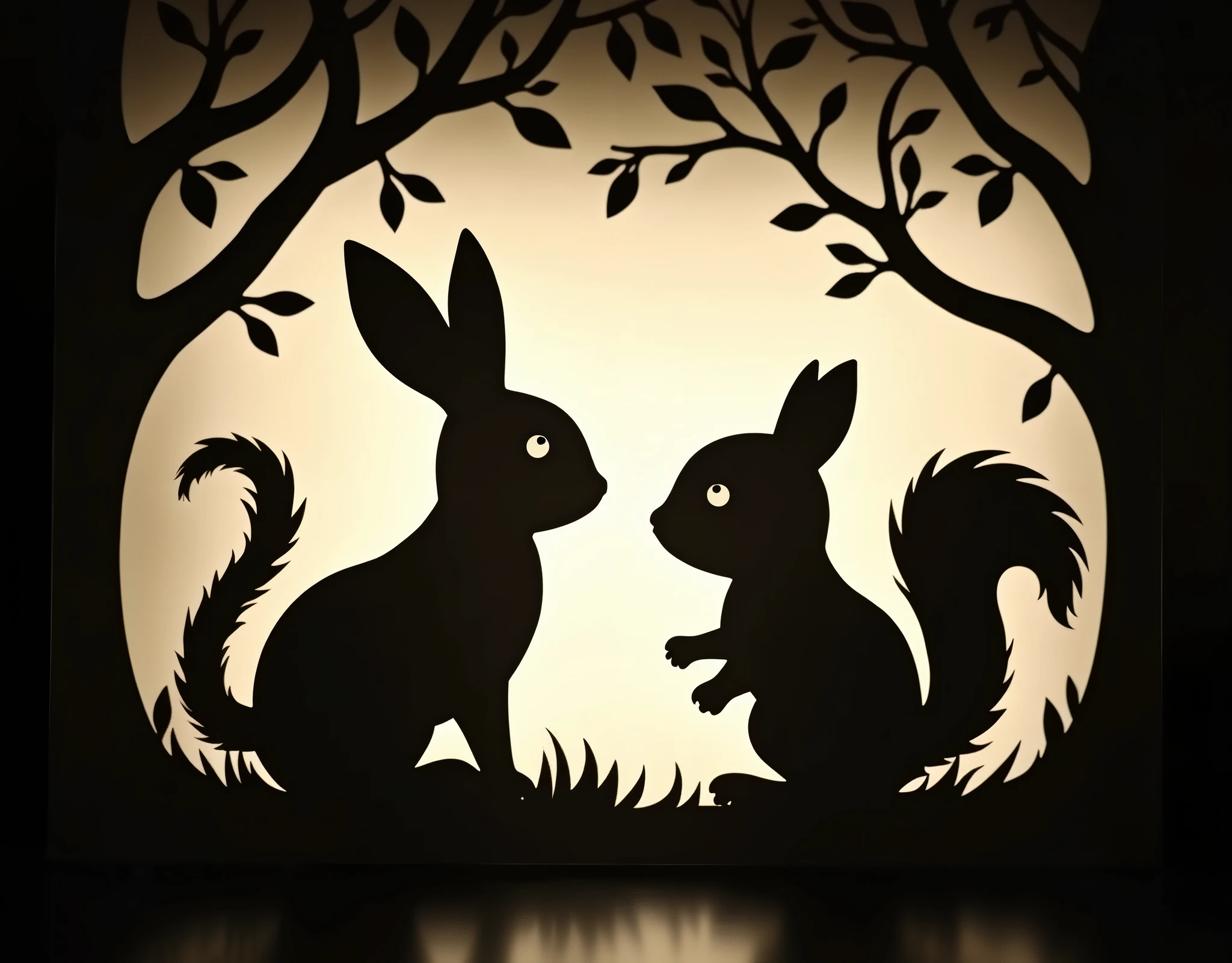 A silhouette illustration of a rabbit and a squirrel made of paper, displayed on a screen, shadow puppetry style, intricate details, minimalist design, soft lighting, dark background