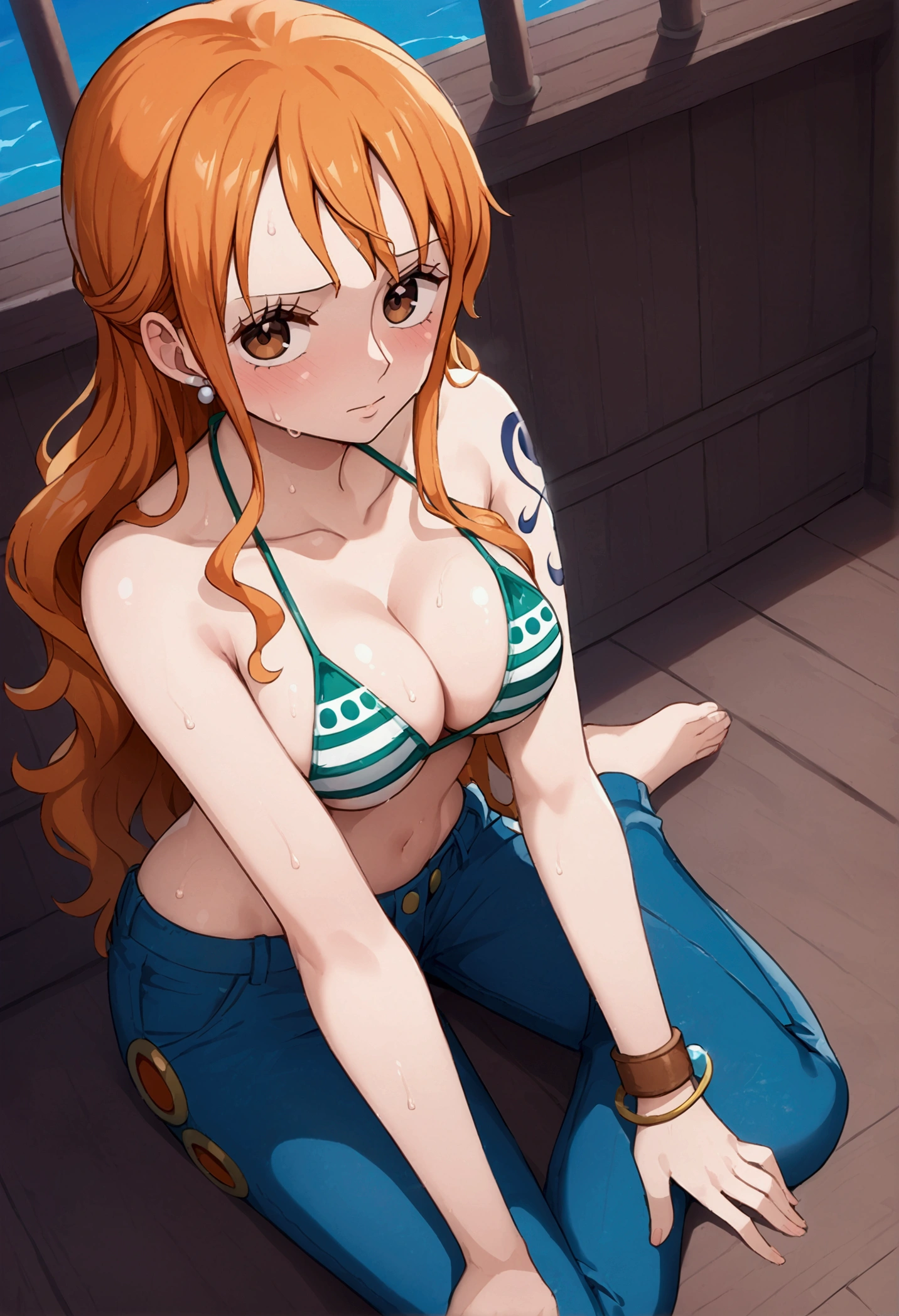 aanami, long hair, orange hair, earrings, brown eyes, shoulder tattoo, breasts, collarbone, bare shoulders, cleavage, bikini top only, striped bikini, green bikini, bracelet, jeans, blue pants, Shy, seductive pose wet with sweat, sit, seductive face, full body, Direct view, looking at viewer, Ship