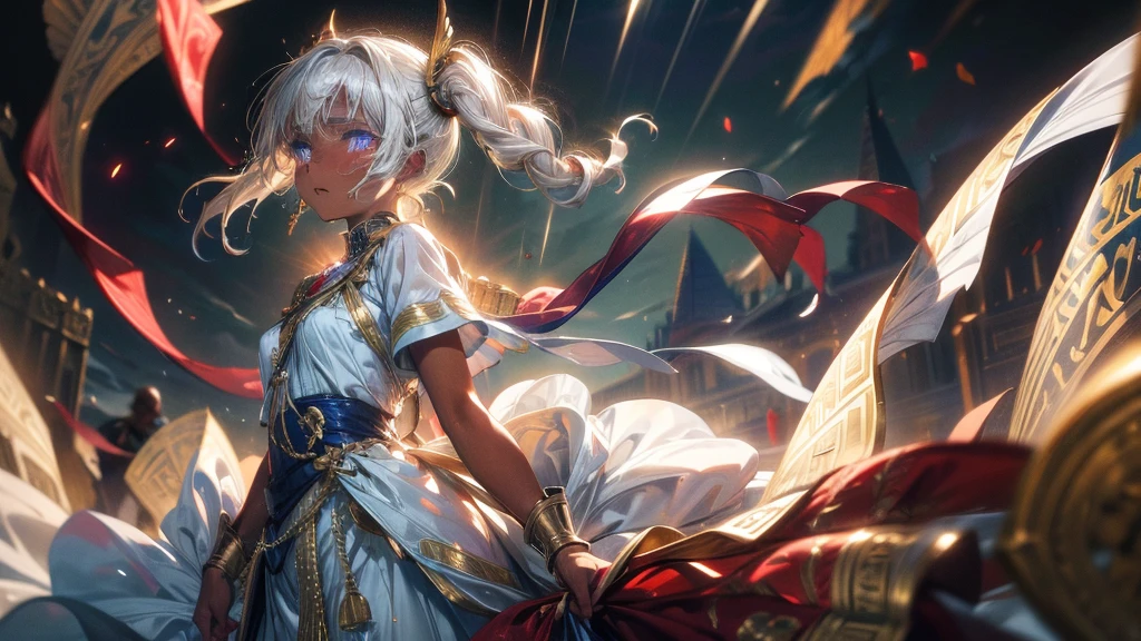 High resolution, masterpiece, Highest quality, Textured skin, Plump Skin, Glowing Skin, girl, Just One, Brown Skin, White Hair, White eyelashes, Small breasts, human, Royalty, Crescent-shaped earrings, Egyptian ornaments, Flying in the air, dress, armor, Low exposure, adult, around 20 years old, Crying out loud, Crying, Surrounded by sadness, Big tears, Twin tails, In the heavy rain