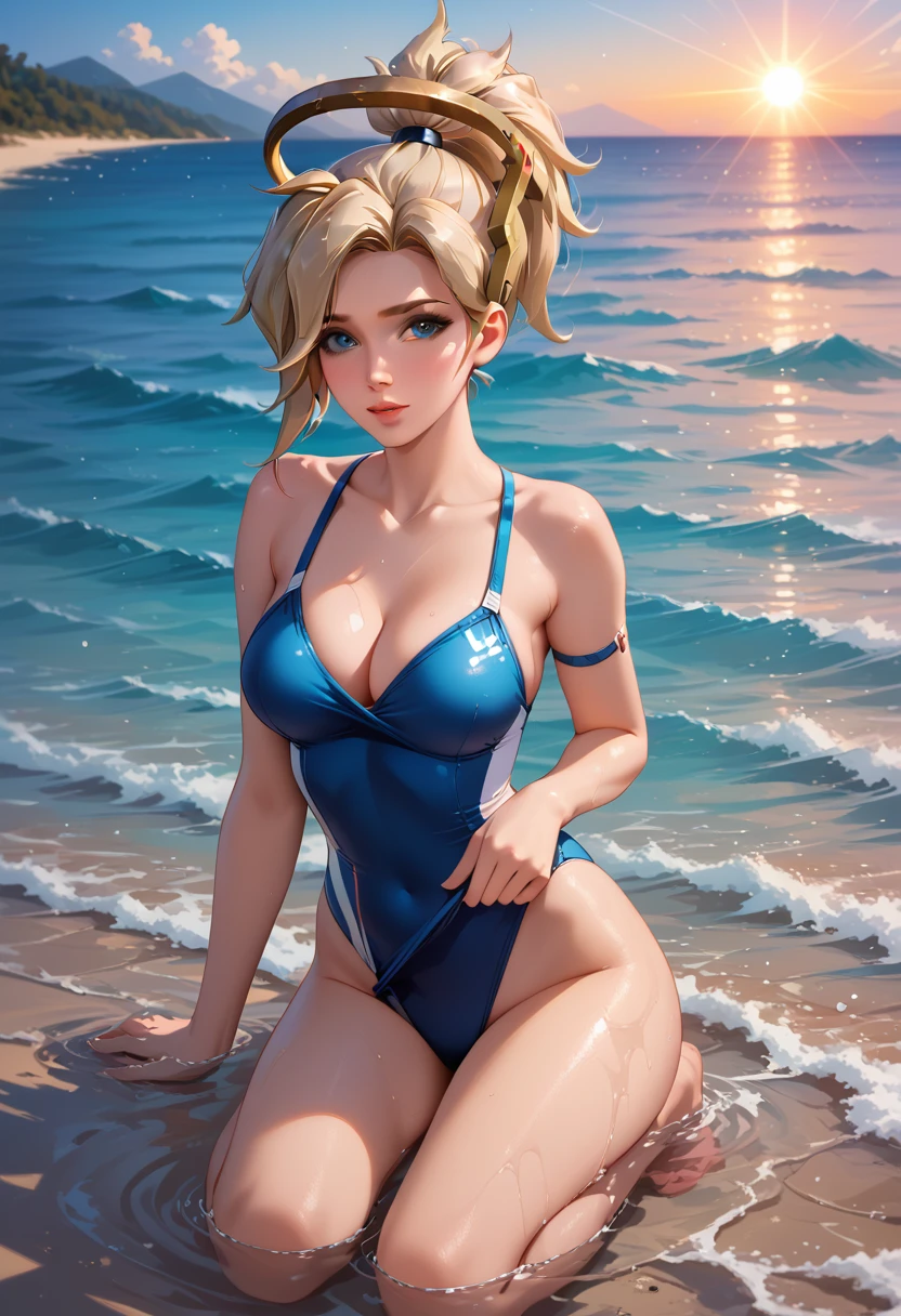 score_9, score_8_up, score_7_up, score_6_up, cinematic film still, solo, 1girl, BREAK mrcy, short hair, high ponytail, halo, cute swimsuit, swimsuit strap pulled down, arm across breasts, shy, beach, kneeling in shallow water, submerged, model poses, beautiful scene, sunrise, lens flare, highly detailed, detailed face, absurdres, 4k, masterpiece, best quality.