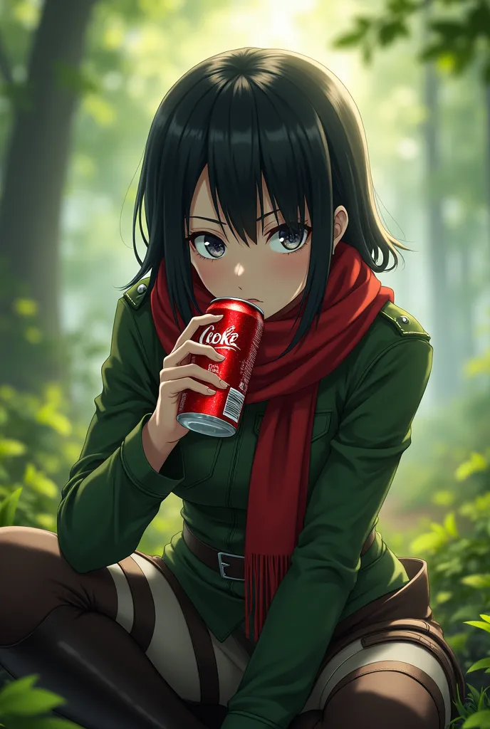 image of Mikasa from attack on Titan drinking coke 