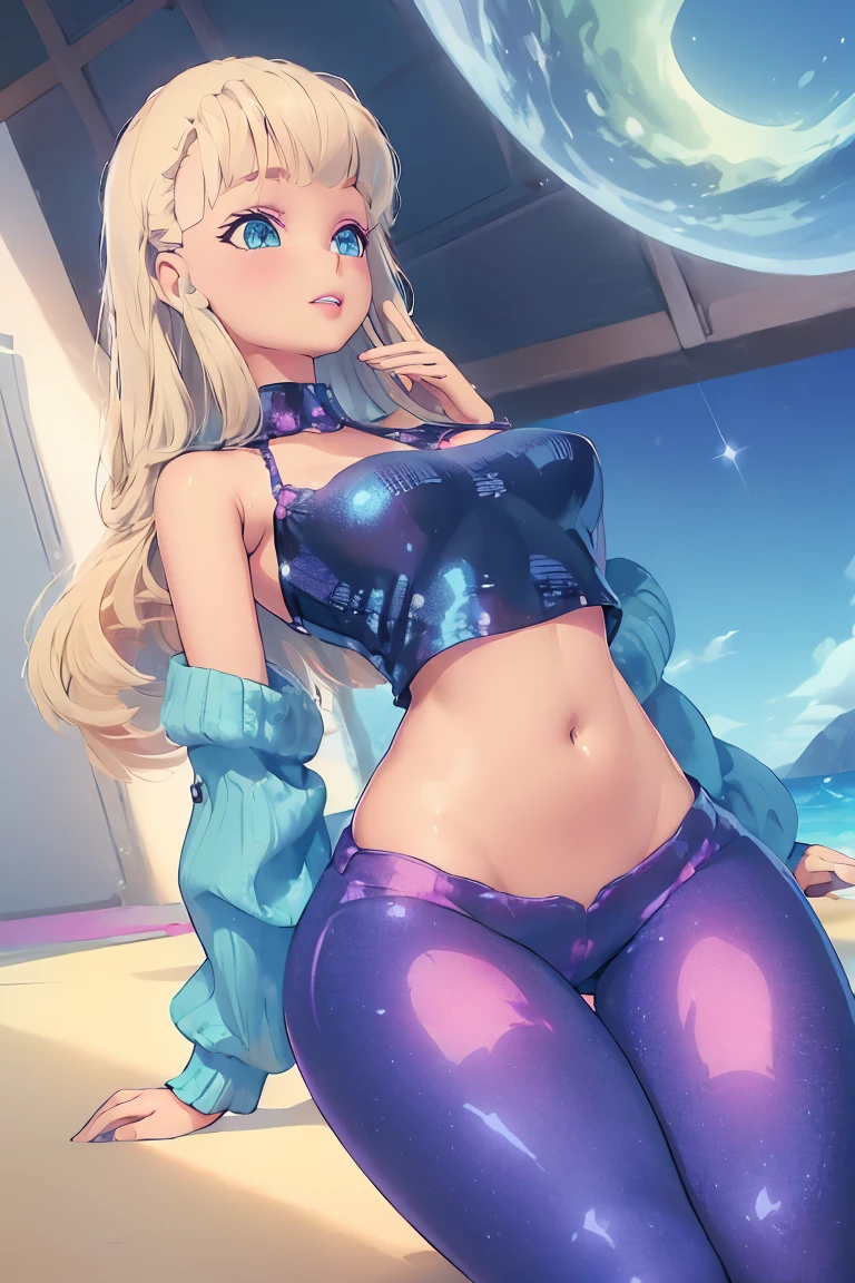 ​(risographer) TS_Barbie, big tits, open legs, Cum on body, Whole body, seeking out (down on my knees, They are over:1.3) sheer sequin crop top, neckline, by rubio, two tails, belly button, pull apart, belly button visible, on the beach, realistic background