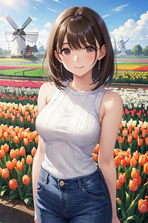 anegasaki nene、Shiny brown hair, short hair, (Beautiful brown eyes、Sparkling eyes, Fine grain)、smile、Ultra-detailed eyes、Highly detailed face, Highly detailed eyes,




1 Woman Standing, (Looking at the audience), ((Sleeveless black one-shoulder ribbed knit sweater、Denim pants))、 (Orange Theme), (Mature Woman:0.6), /(Light brown hair/) bangs, 赤面する優しいsmile, (Masterpiece Top quality:1.2) Delicate illustrations, super detailed, Big Break (Tulip Fields) (Vibrant colors), Colorful tulips, Outdoor, (Traditional Dutch windmill), blue sky, noon, horizon, Detailed Background