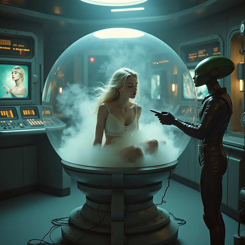 in a laboratory on a spaceship, There is a plastic sphere on a pedestal with stairs and inside there is a beautiful young European woman with blonde hair in a sexy schoolgirl outfit and sitting in a fetal position., There is smoke inside the sphere, with eyes closed, beautiful body and realistic face, looking to the camera, In front of her is a little Martian with a remote control in his hands., On the side there is a surprised man observing the sphere, There is a portrait of the girl on a computer, There is a control panel with buttons and circuits, hyperrealistic quality image, Excellent lighting