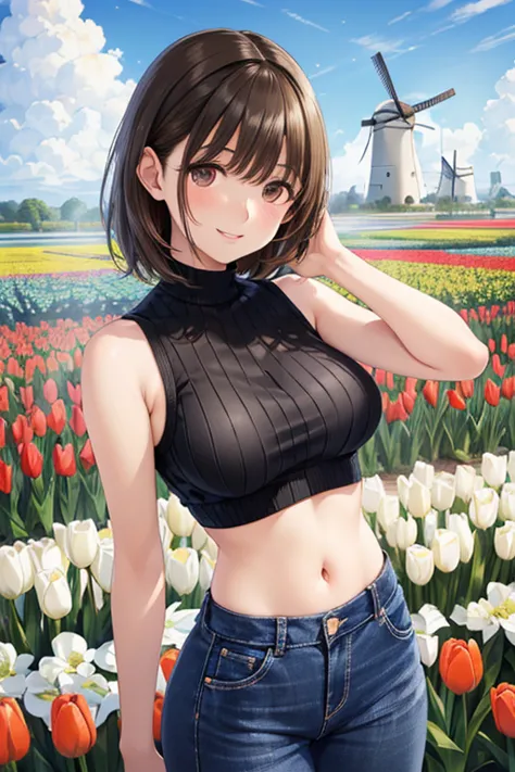 anegasaki nene、Shiny brown hair, short hair, (Beautiful brown eyes、Sparkling eyes, Fine grain)、smile、Ultra-detailed eyes、Highly detailed face, Highly detailed eyes,




1 Woman Standing, (Looking at the audience), ((Sleeveless black cropped bare-shoulder ribbed knit、Belly button))、Denim pants、 (Orange Theme), (Mature Woman:0.6), /(Light brown hair/) bangs, 赤面する優しいsmile, (Masterpiece Top quality:1.2) Delicate illustrations, super detailed, Big Break (Tulip Fields) (Vibrant colors), Colorful tulips, Outdoor, (Traditional Dutch windmill), blue sky, noon, horizon, Detailed Background