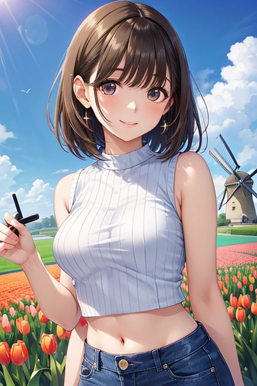 anegasaki nene、Shiny brown hair, short hair, (Beautiful brown eyes、Sparkling eyes, Fine grain)、smile、Ultra-detailed eyes、Highly detailed face, Highly detailed eyes,




1 Woman Standing, (Looking at the audience), ((Sleeveless black cropped bare-shoulder ribbed knit、Belly button))、Denim pants、 (Orange Theme), (Mature Woman:0.6), /(Light brown hair/) bangs, 赤面する優しいsmile, (Masterpiece Top quality:1.2) Delicate illustrations, super detailed, Big Break (Tulip Fields) (Vibrant colors), Colorful tulips, Outdoor, (Traditional Dutch windmill), blue sky, noon, horizon, Detailed Background