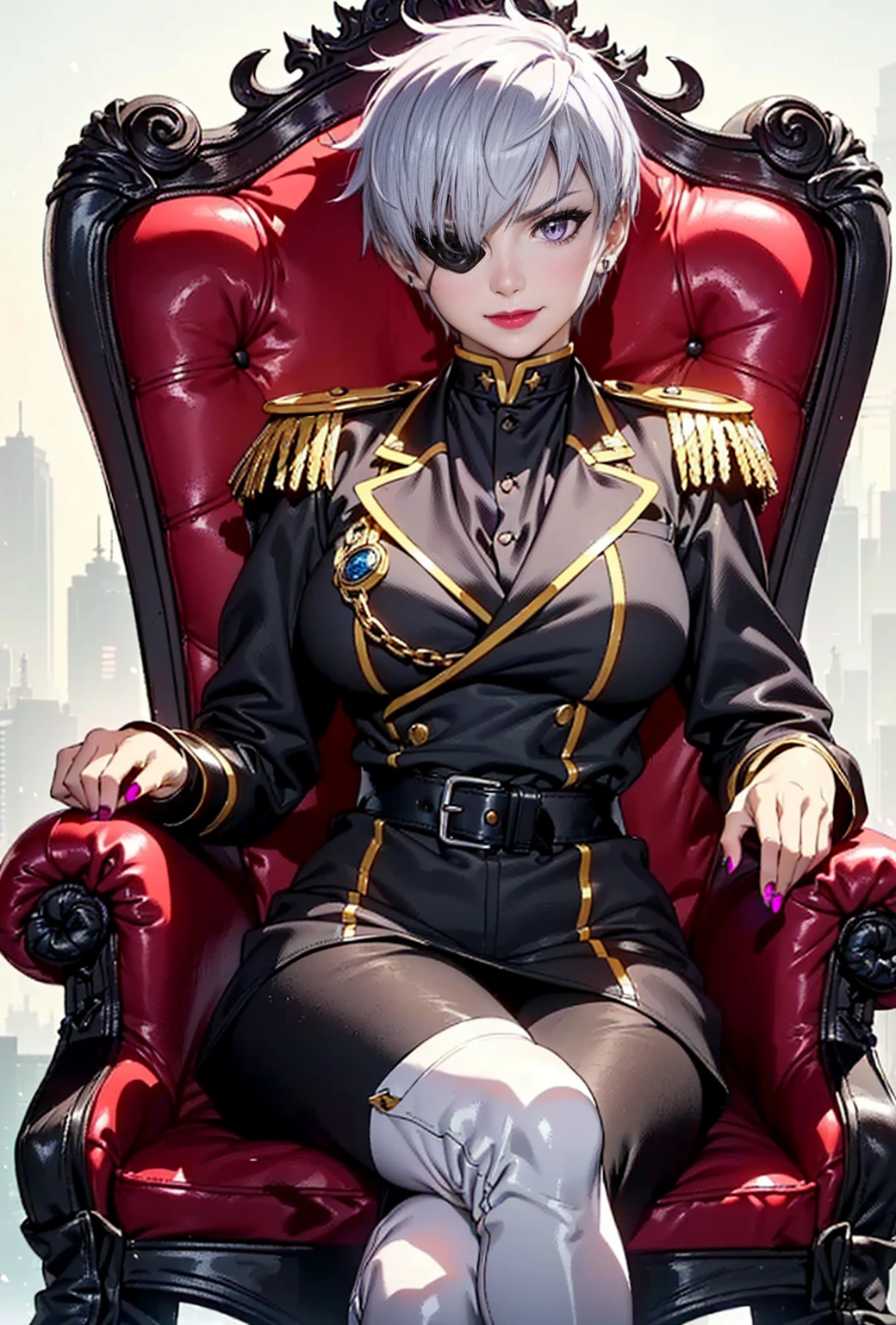 (1girl, Alone, alone), (najenda, short hair, (purple eyes:1.3), grey hair, eyepatch, eye patch, single mechanical arm, Silver Hair,Short Hair, lilac eyes), ((Alone, (1woman,pink lipstick ), extremely detailed , Soft ambient lighting, 4K, perfect eyes, a perfect face, Perfect Lighting, the 1 girl)), ((fitness, , shapely body, athletic body, toned body)) ,(Confused, High resolution, (field, smug, smug smile), Very detailed), 1female, Bright eyes,White and blue military uniform, ((admiralty, admiral's uniform, night, starry, milky way)), black pants, dress pants,24th generation,beauty,mature,thin,quiet,Calm,A small smile, In front of people you like,Long coat,Slender and thin,boots,skinny pants,white boots, thigh-high boots, knee-high boots,Sea at dawn,Small breasts, ((fitness, , shapely body, athletic body, toned body)), ((sitting on a throne, sitting cross-legged, legs crossed, boots, heeled boots, stiletto heel boots, mischievous, red lipstick, stiletto heels, fine jewelry, jacaranda))