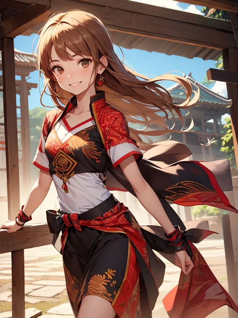 Indonesian teenage girl. White skin. Rookie martial artist. Indonesian silat. Red batik martial arts outfit. Flat chest. Brown hair. At the temple. Beautiful teenage face. Cute smile. 