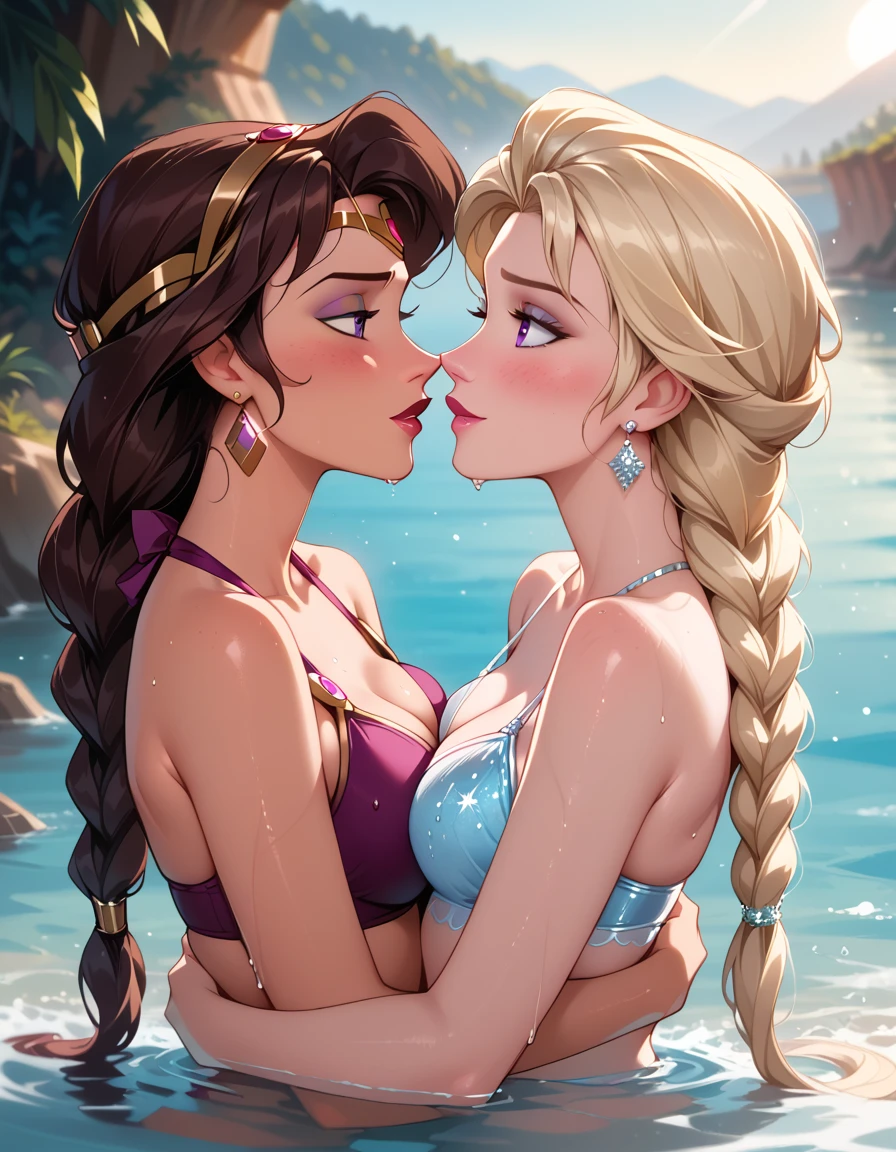 score_9, score_8_up, score_7_up, score_6_up, rating_safe, cinematic film still, duo, 2girls, BREAK (Elsa, blonde, braid:1.3), swimsuit, BREAK (Disney's Megara, m_ra, brown hair, purple eyes, ponyail:1.3), swimsuit, BREAK (dimly beach cove:1.1), embracing, in shallow water, submerged, large boulder, couple, yuri, lovers, BREAK horny facial expression, blushing, wet, BREAK (cinematic lighting:1.2),, shallow depth of field, vignette, highly detailed, high budget, BREAK bokeh, cinemascope, moody, epic, gorgeous, film grain, grainy.