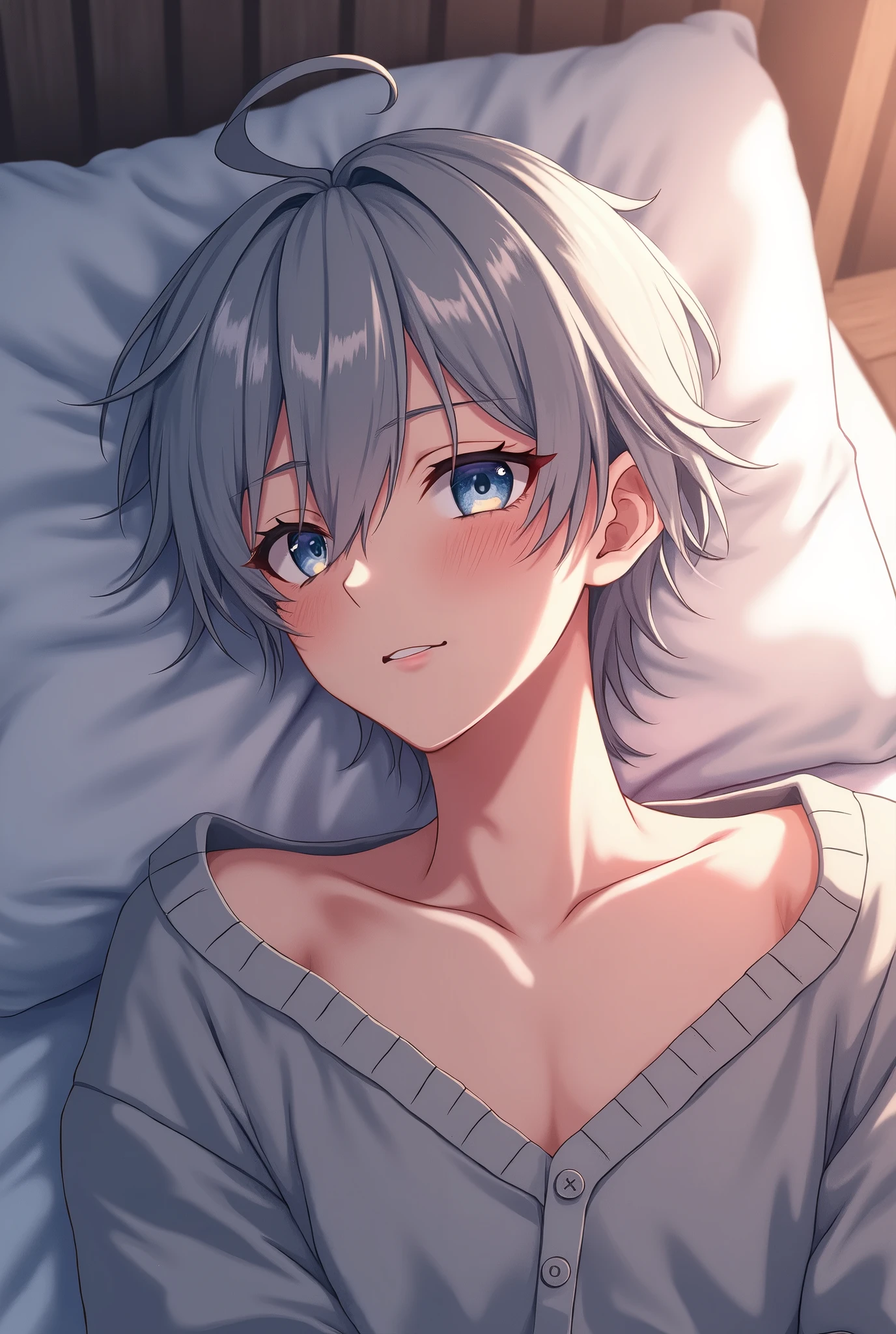 Anime boy with grey hair and blue eyes on a bed posing (angle from below)