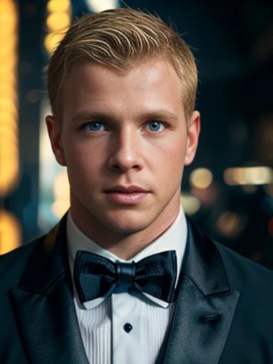 portrait of 1man, blond hair, blue eyes, in blade runner, professional photography, high resolution, 4k, detailed photo,  tuxedo, bowtie, athletic, fit