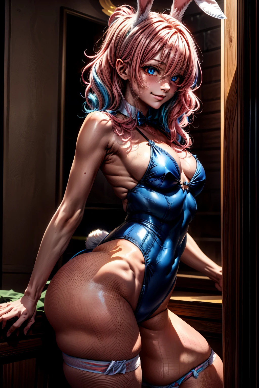 hoshino_bluearchive, ((small girl)), (pink hair:1.4), bunny ears, halo, (multi colored eyes:1.5), long hair, (small breasts:1.2), thicc thighs, curvy hips, tanlines,
BREAK, bunny suit,
BREAK looking at viewer, night, (sweaty body), ((smirk)), (sweaty:1.3), (from below), (frontal view), side view,
BREAK (masterpiece:1.2), best quality, high resolution, unity 8k wallpaper, (illustration:0.8), (beautiful detailed eyes:1.6), extremely detailed face, perfect lighting, extremely detailed CG, (perfect anatomy),