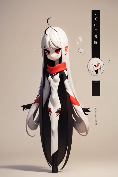 　Primary school students　young　small　height: 130cm　Standing picture Simple design　The dress is a one-piece　camisole　No sleeve　Sleeveless　Long Hair　Long black hair　Hair is black　Red eyes　Shoulder-baring ahoge　Kokeshi
