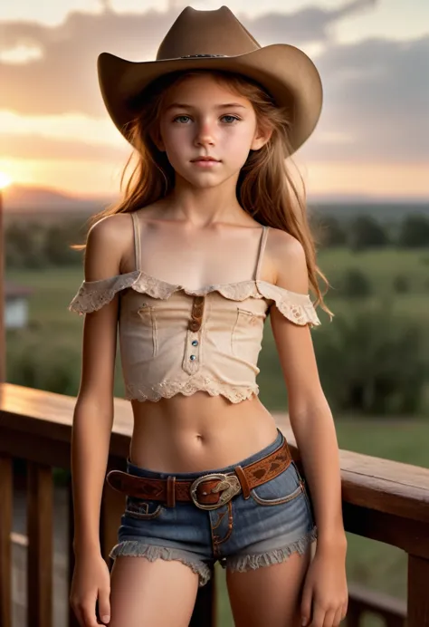 Realistic photography, twelve year old young cowgirl.  open shoulders, open navel ,underdeveloped breasts,beautiful girl, cutie, wear a cowboy hat, stands on the veranda ,Sunset Shot at knee level,skinny: ,Aesthetic work of art, complex light brown hair, , Realistic details, perfect proportions, Full length photo, very beautiful, very thin body, posing, fucking look, looking straight into the camera,high detail, Sharp Focus (natural light),, Crazy details, complex parts, hyperdetailing