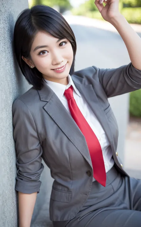 girl, hyper realistic, masterpiece, smile, portrait, bobhair, light gray pencil skirt suit, white shirt, red necktie, pantyhose