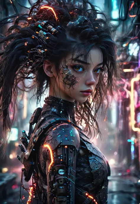 a beautiful cybernetic girl with strands of neural networks in her hair, futuristic, ultra detailed, 8k, best quality, photoreal...