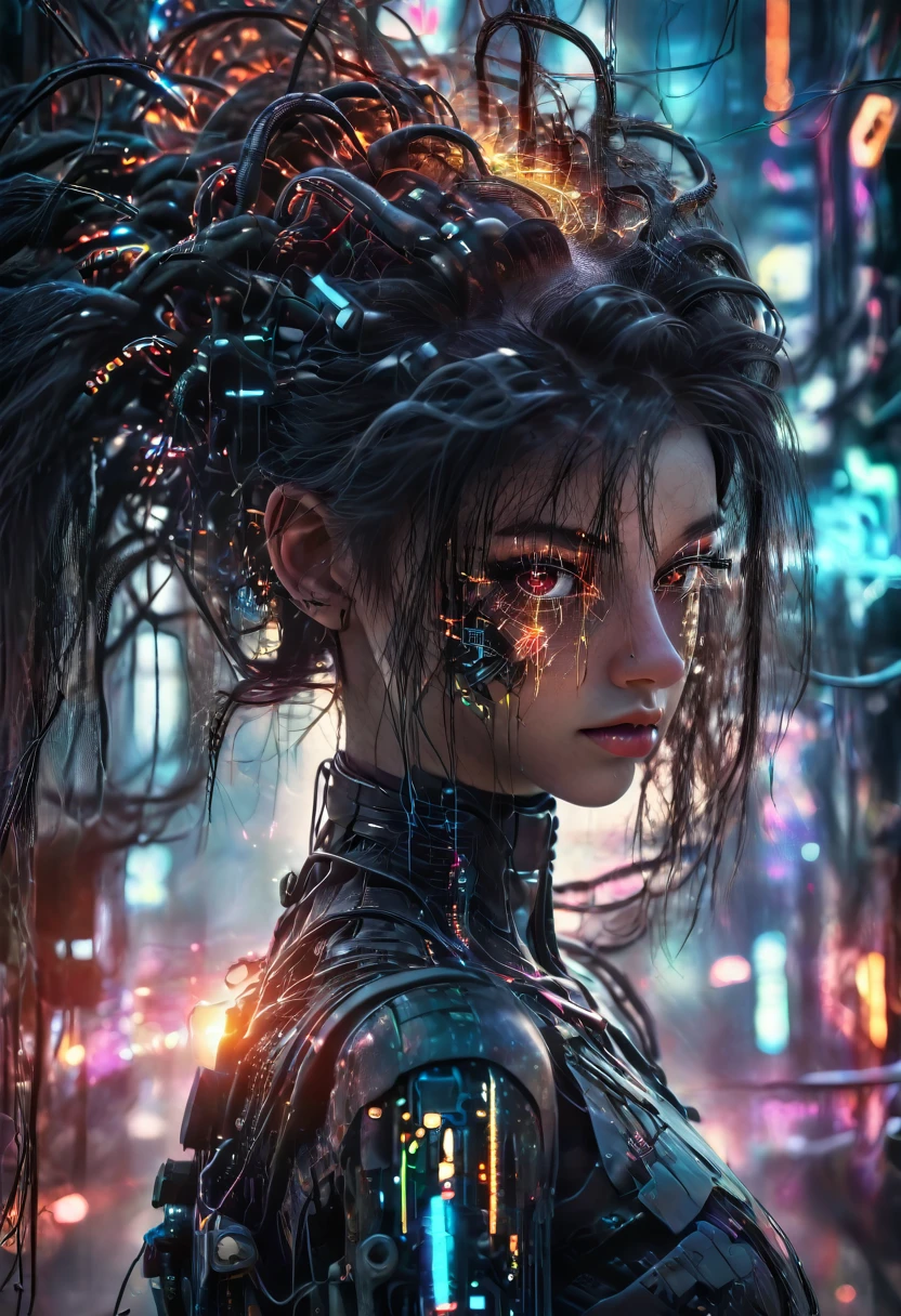 A beautiful cybernetic girl with strands of neural networks in her hair, futuristic, ultra detailed, 8k, best quality, photorealistic, glowing neon cyberpunk cityscape background, intricate mechanical limbs, holographic displays, advanced technology, vibrant colors, dramatic lighting