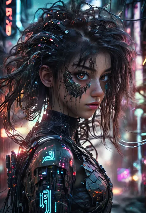 a beautiful cybernetic girl with strands of neural networks in her hair, futuristic, ultra detailed, 8k, best quality, photoreal...