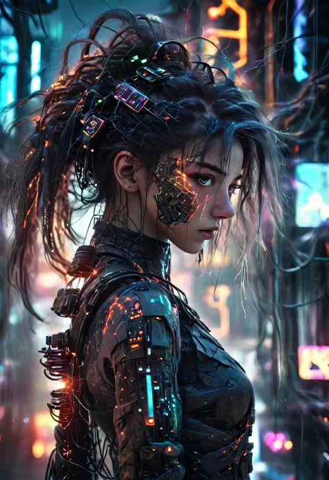 a beautiful cybernetic girl with strands of neural networks in her hair, futuristic, ultra detailed, 8k, best quality, photoreal...